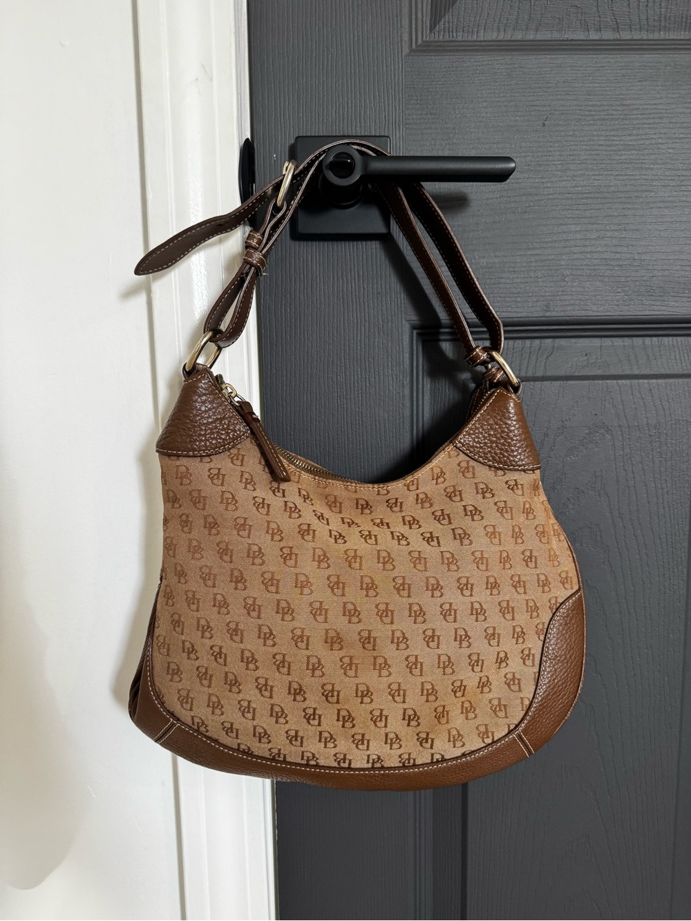 Dooney & Bourke Vintage Signature DB Monogram Brown Canvas Hobo Shoulder Bag